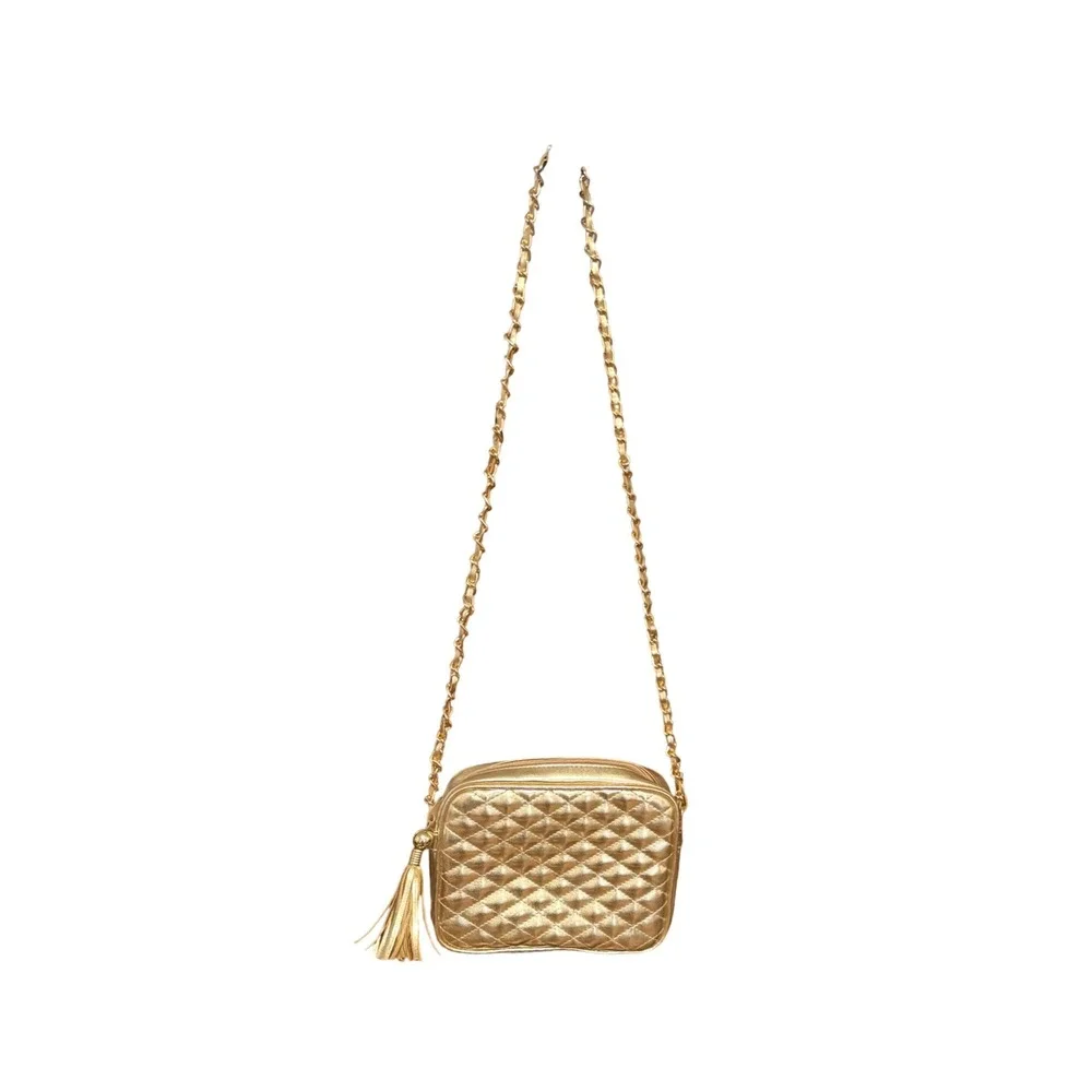 Chateau Crossbody Bag‎ Quilted Tassel Chain Strap Camera Bag Gold Excellent